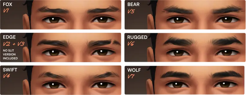 Sims 4 CC eyebrow set by TwistedCat showing natural thick eyebrow variants