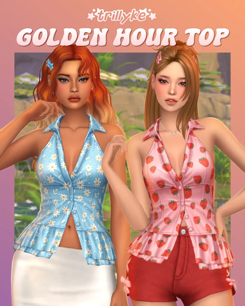 Golden Hour Top: sleeveless button-up top for The Sims 4