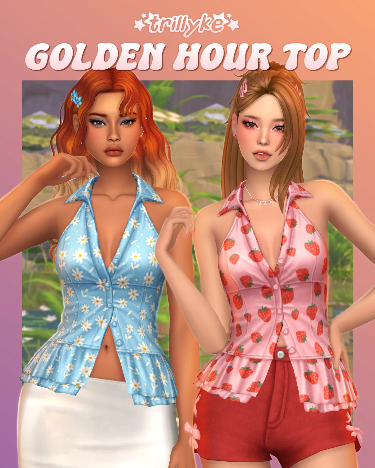 Golden Hour Top: sleeveless button-up top for The Sims 4