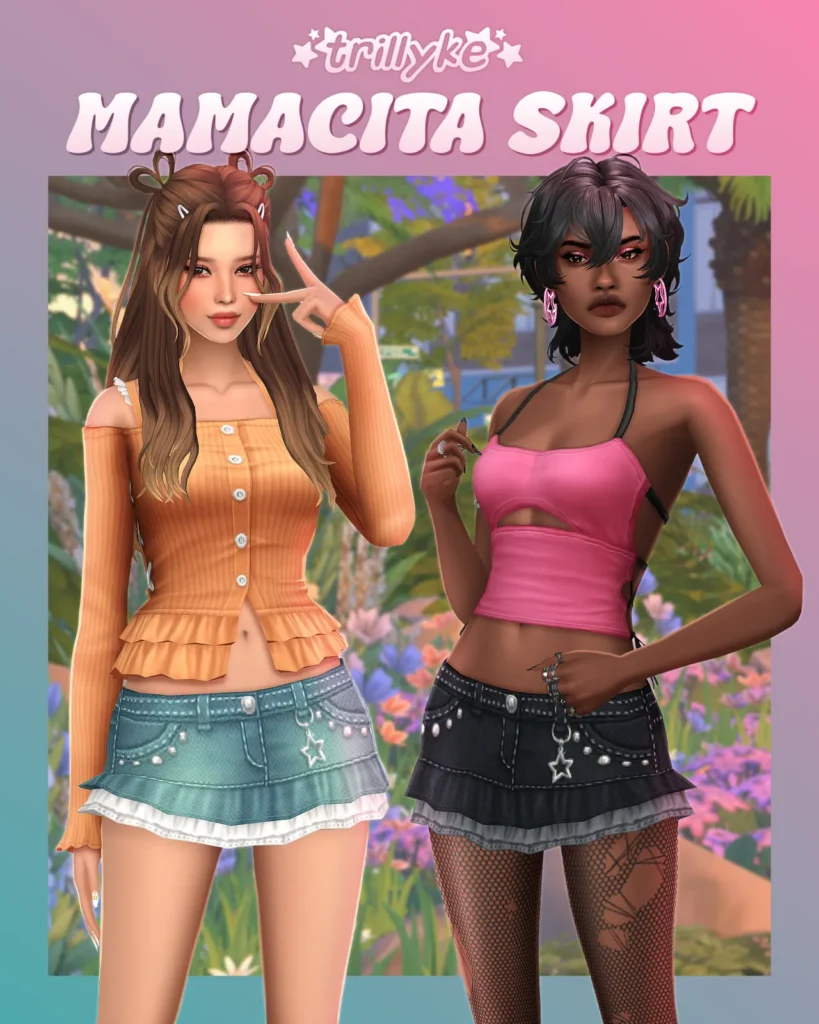 Mamacita Skirt: denim miniskirt CC with 20 swatches for The Sims 4