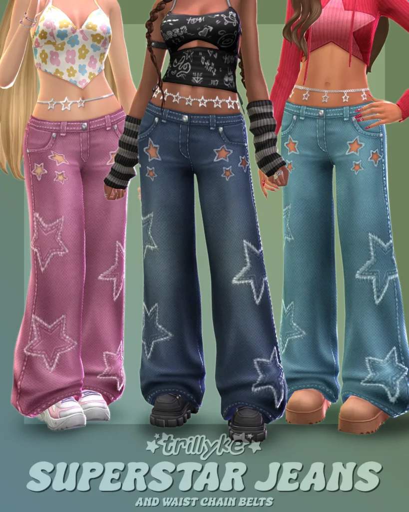 Superstar Jeans & Waist Chain Belts: denim jeans and waist chains for The Sims 4